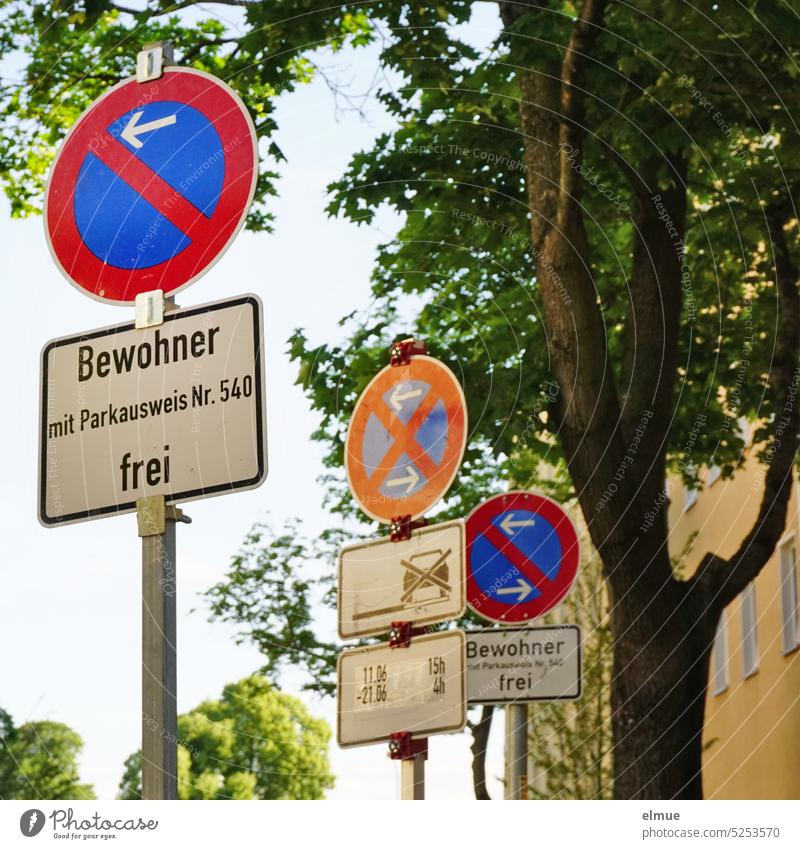 Collection I three traffic signs absolute and restricted no stopping with additional signs in a row Road sign Clearway Aluminium Round absolute ban on holding