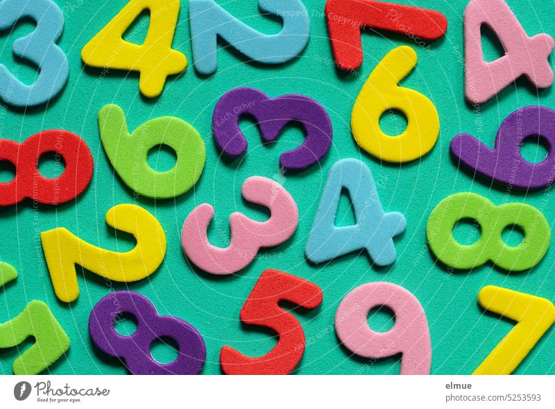different colored numbers on green background digit Digit salad Calculation Mathematics variegated Colour Foam rubber Digit character Blog Payment symbol