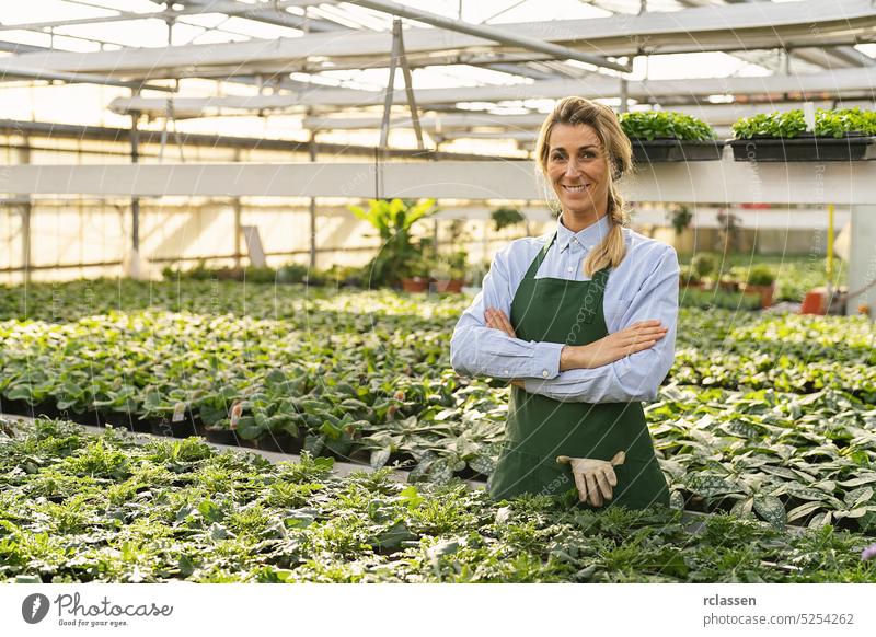 female florist posing in his garden center surrounded by green plants smiling to the camera joyfully with his arms crossed pot greenhouse pick white purple