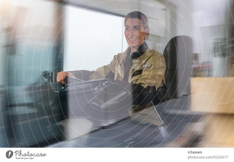 Smiling Courier woman sitting in the car as a driver with motion blur speed logistics transportation warehousing truck delivery van box courier job deliveryman