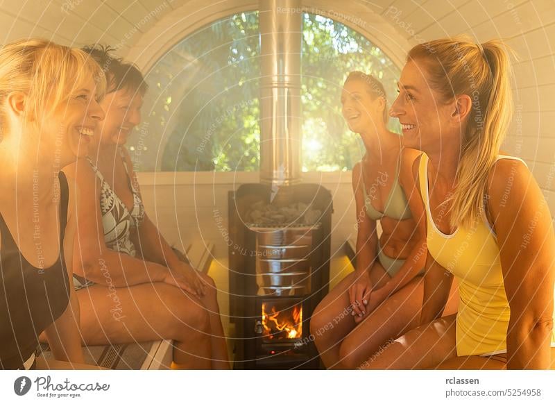 Girlfriends have fun at the wooden barrel sauna at Summer in norway. Are relaxed and enjoy the holiday while relaxing in the finnish sauna cabin. fireplace
