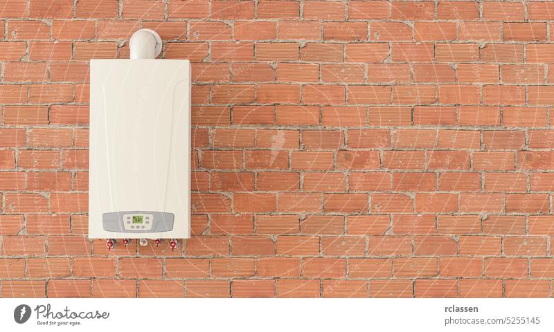 Gas boiler on the brick wall in the basement of a house, with copyspace for your individual text. copy space invoice methane heat oven gasoline power stove
