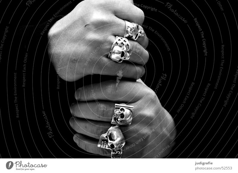 Male hands with skull rings Black & white photo Close-up Detail Neutral Background Human being Masculine Man Adults Hand Fingers Jewellery Ring Dark Rebellious