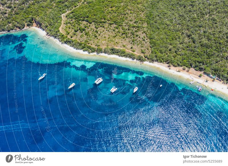 Aerial view of sunny Antisamos beach on the Kefalonia island, Ionian sea in summer, Greece. Travel vacation concept kefalonia antisamos aerial landscape greece