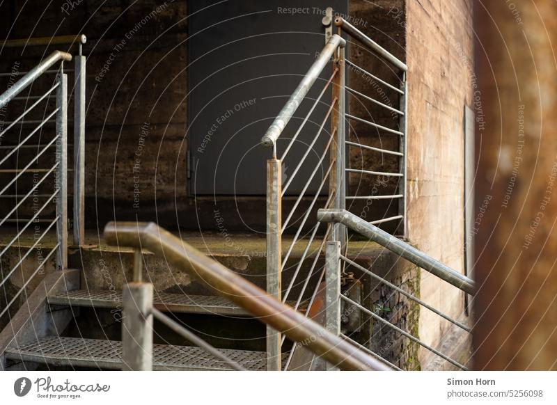 Railing against dark background rail handrail Banister Upward Structures and shapes Stairs angled Muddled Labyrinth stagger Abstract Architecture Help support