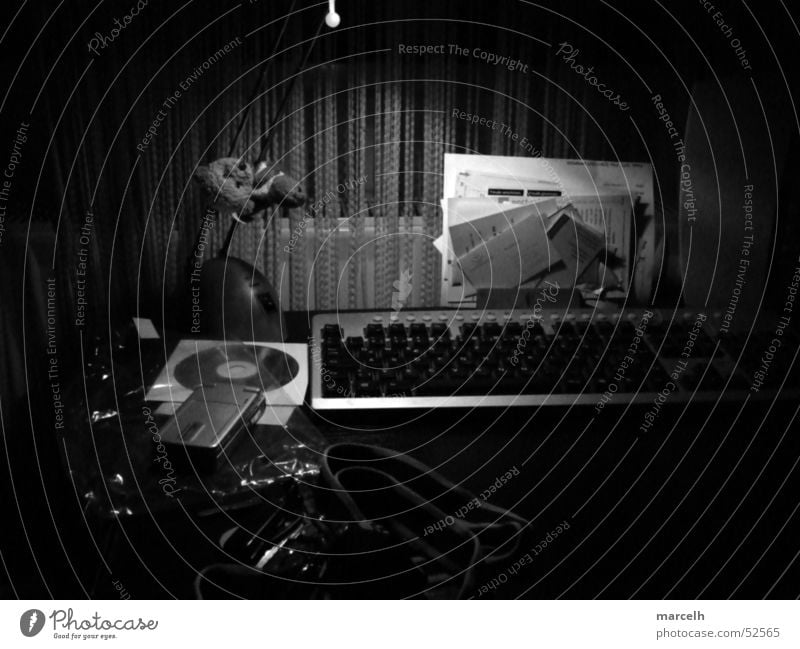 Disorder in B/W Lamp Table Work and employment Window Chaos Desk CD Black & white photo