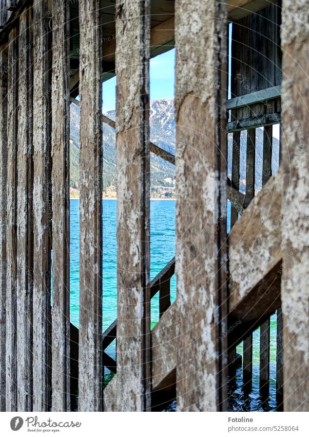 Through the ramshackle beams of an old boat shed, the turquoise waters of the lake can be seen and the mountains tower in the background. vacation Lake Water