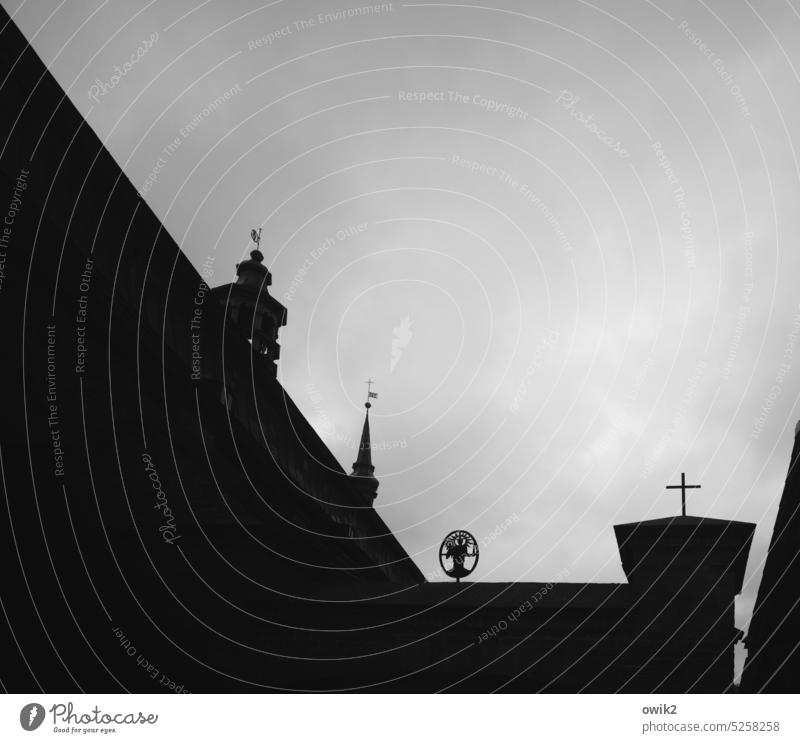Kartuzy Poland Pomorie Mommern Eastern Europe Silhouette Abstract Church spire Wall.cross Entrance Main gate Rebus Black & white photo Sky cloudy overcast