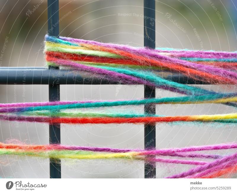 Guerilla Knitting or Garden Fence Ornament thread String Wool Handcrafts Multicoloured Soft Knitting pattern Relaxation Rainbow Freedom liberal