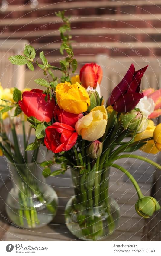 A colorful bouquet with tulips stands in a glass vase on a wooden garden table in the garden in front of a house Ostrich bouquet of tulips variegated Bouquet