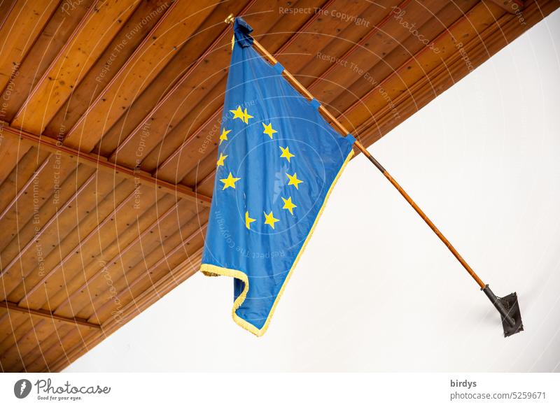 Europe flag in historical style European flag European Union EU Politics and state Interior shot Historic Noble Wall (building) Wooden ceiling