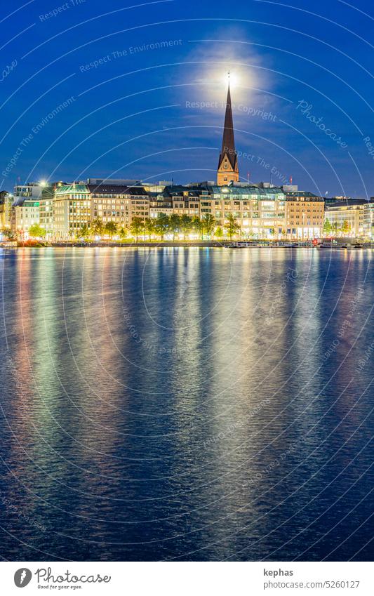 Binnenalster Hamburg with church St. Petri, night shot with moon Church St. Peter's Church Germany Alster Exterior shot Colour photo Downtown Water Night