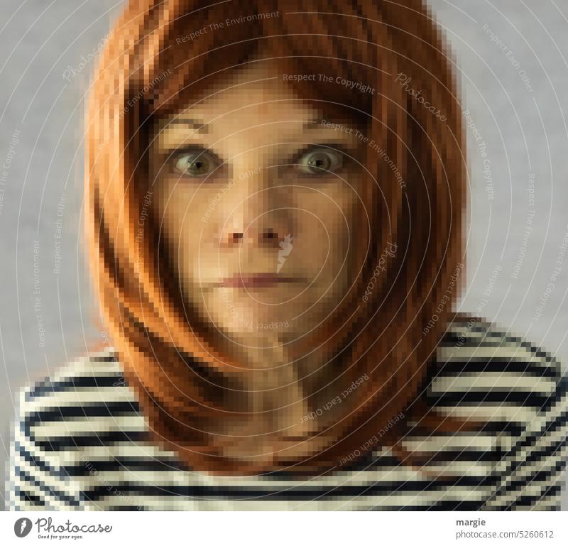 Astonished woman makes big eyes, blurred pixelated Woman portrait Face Feminine Young woman Looking into the camera Adults Human being Forward Head