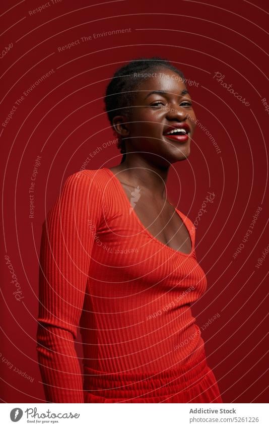 Smiling black woman with red lips portrait appearance braid smile model style female positive hairstyle african american young ethnic dark hair personality calm