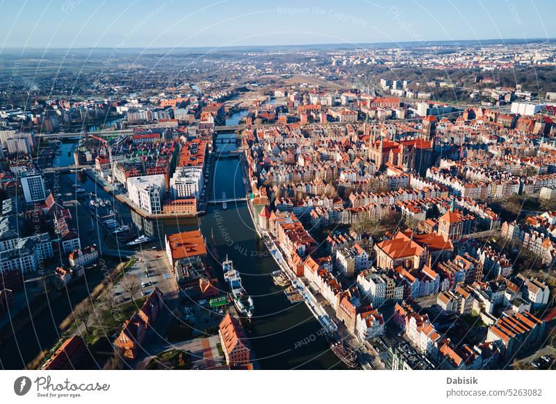 Aerial view of Gdansk city in Poland. gdansk poland aerial architecture travel cityscape panorama landmark drone tourism europe river house landscape building
