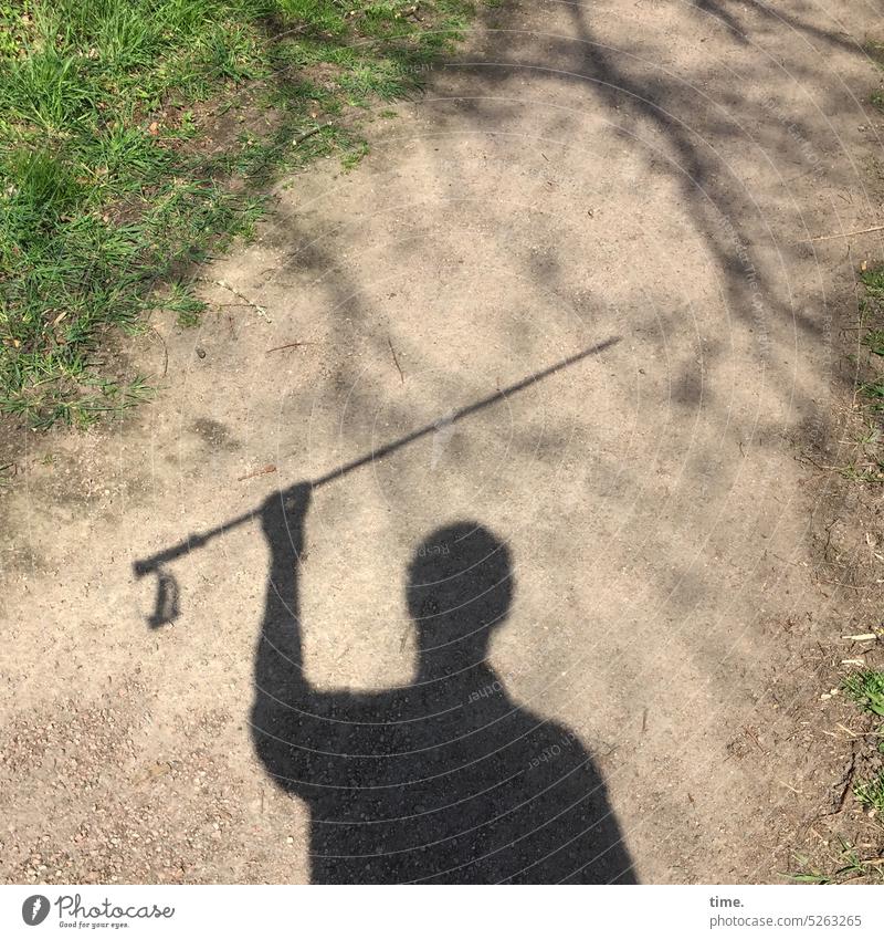 with a little help of a metal friend Shadow off Hiking Hiking stick Meadow Sand Man stop lift Nature Self-confidence Trip Triumph Summer Landscape Environment