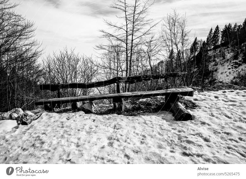 2023 02 18 Campogrosso wooden bench 1 white snow winter cold season outdoor nature background landscape park snowy weather lonely ice frost tree beautiful