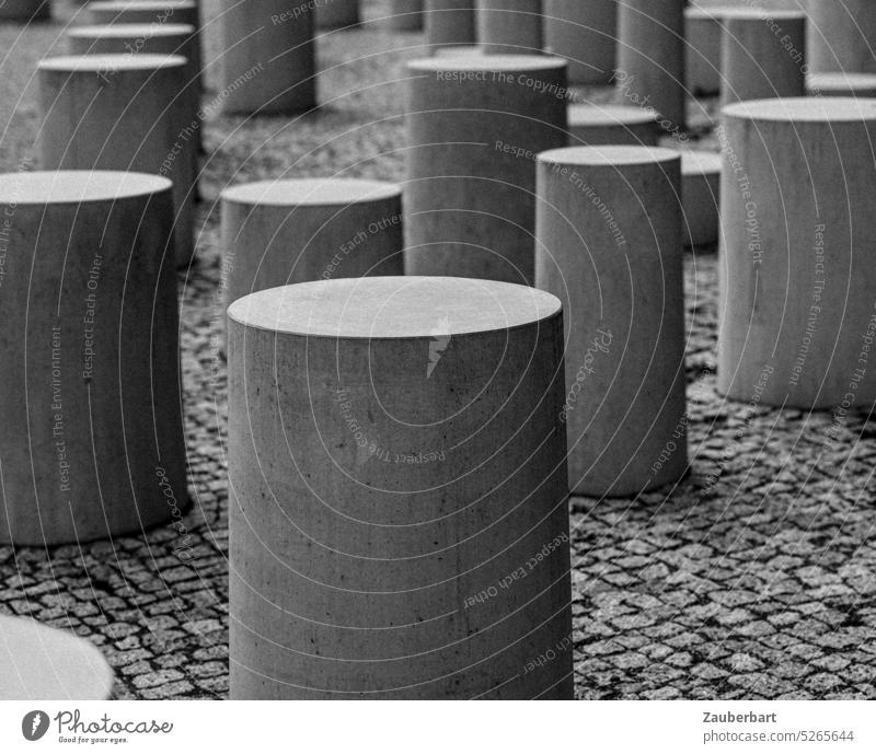 Grey round concrete bollards form pattern on cobblestones Concrete Bollard Round Gray Pattern pavement Paving stone paving Art group grouping Circular circles