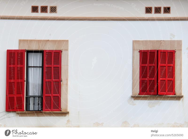Windows - two windows with red shutters made of wood in a white wall Wall (building) Facade Shutter Wood Closed open Wall (barrier) Exterior shot