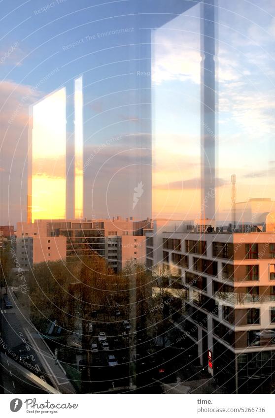 even more morning sun in Offenbach morning light High-rise urban View from the window Environment Sky Horizon far afar Reflection Architecture Street