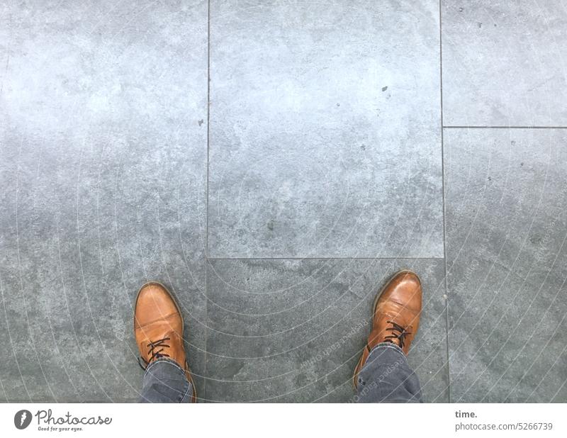 Waiting for the lift feet Footwear Ground floor Bird's-eye view seams floor tiles Gray Legs copy room shine Reflection Surface smooth queuing