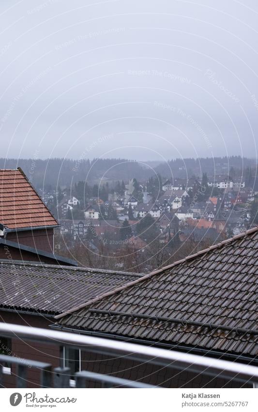 View over the rooftops to the village and the forest. Bad weather, dark sky above the roofs Harz winter in germany Gray grey sky Germany Forest Villages outlook