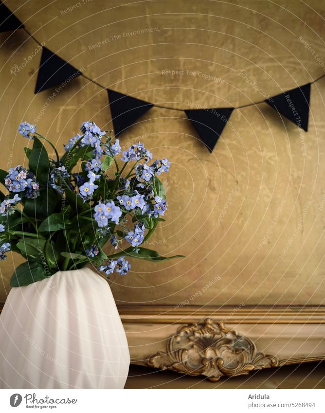 Forget-me-not in the gold rush Blue Flower Blossom Spring Ostrich Vase Bouquet Gold Image Picture frame Ornament surface pennant chain interior Decoration Homey