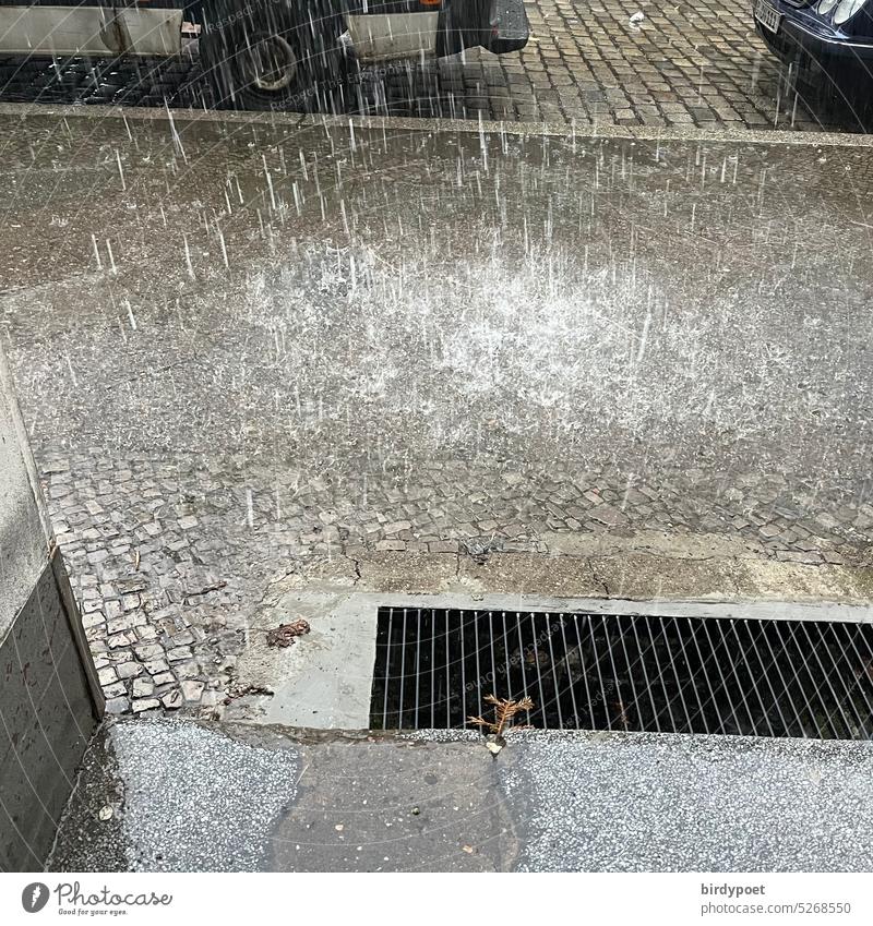Rain falls on sidewalk Strong violently Rain shower downpour Puddle Grating slop Gale Climate change Wet Bad weather Drops of water Storm Water