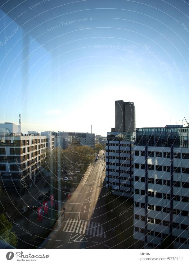 Morning sun in Offenbach morning light High-rise urban View from the window Environment Back-light Sky Horizon far afar Reflection Architecture Street