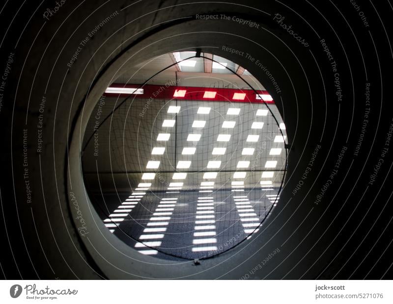 Light play with tunnel vision Strip of light Shadow Circle Street Architecture Modern Symmetry Style Structures and shapes Shaft of light Vista Silhouette