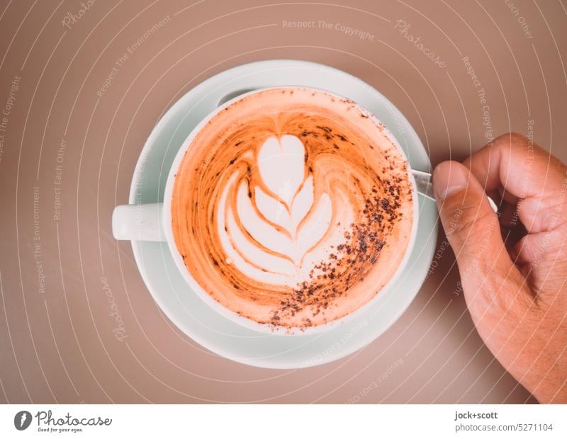 Latte art an art to drink Latte type Cappuccino Coffee To have a coffee Coffee cup Hot drink Delicious Beverage Coffee break Cup Stop Hand tweezer handle