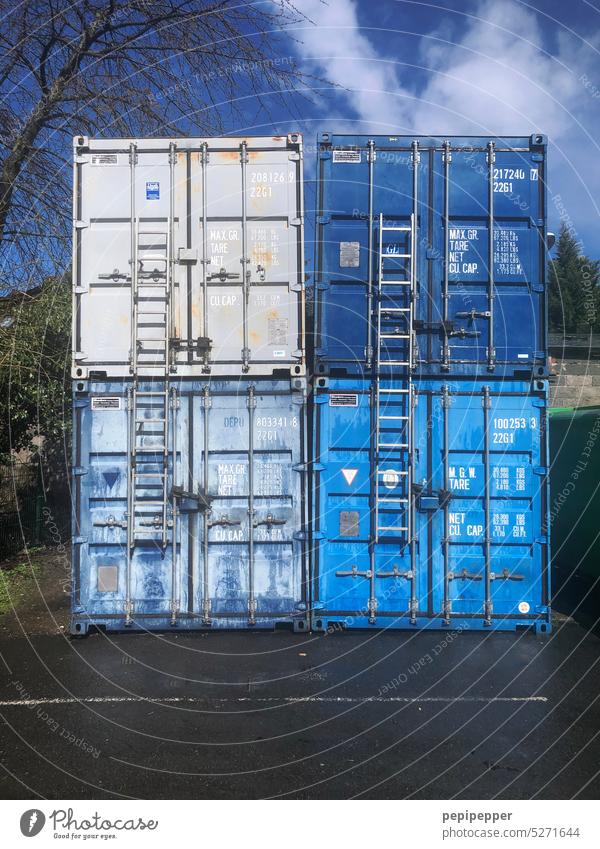 4 blue containers stacked on top of each other Container Industry Logistics Blue Economy Trade Exterior shot Deserted Container cargo Work and employment