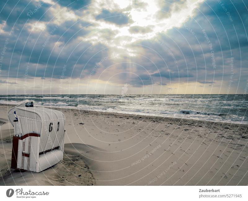 Beach chair, sandy beach, sea and sun breaks through clouds with its rays Ocean Baltic Sea Sun Clouds Sunbeam bathe holidays vacation Darss Waves coast Sky