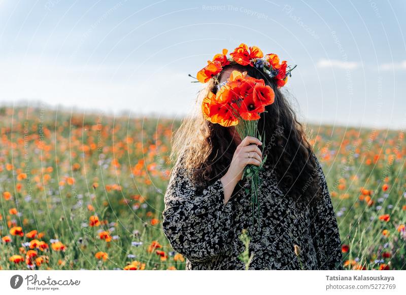 Long-haired curly woman plus size in a wreath of red poppies stands among a field of meadow flowers and covers her face with a bouquet of poppies poppy
