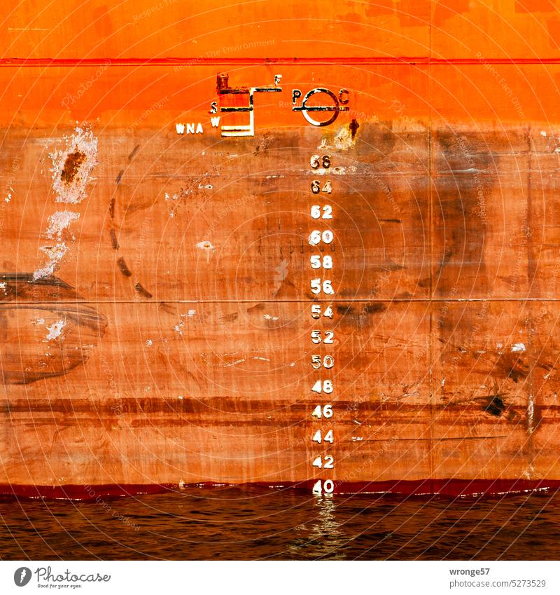 Draught scale and other markings on a ship's side Ship's side rusty russet Water line Detail Colour photo Exterior shot Maritime Deserted Metal Navigation