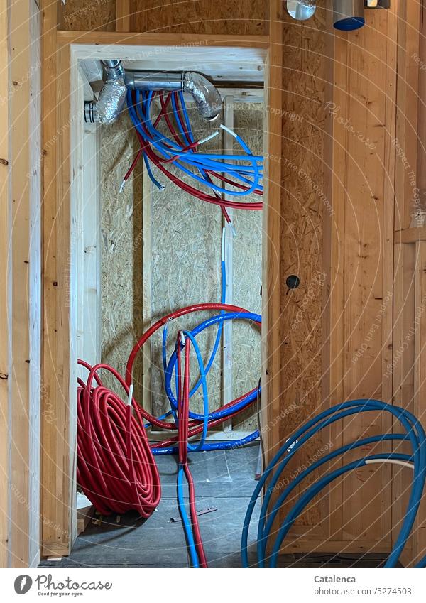 water connection Hose House building Water supply Warm water New building cold water Ledger wall Blue Red Day