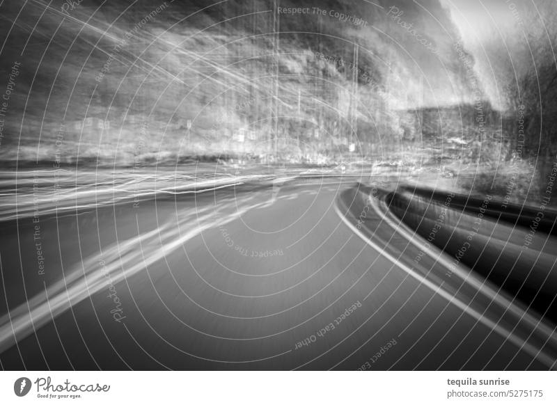 Road with motion blur Street Road traffic Motoring Stripe Black & white photo Alcoholic drinks Alcohol-fueled alcohol at the wheel peril Accident Speed swift