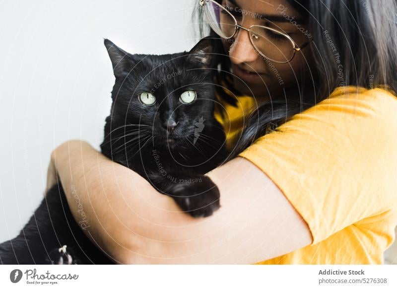 Content woman hugging cute cat calm home owner domestic pet adorable friend embrace female eyeglasses weekend tranquil animal together relax young feline