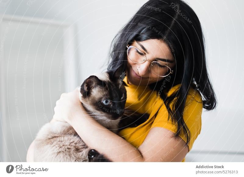 Content woman hugging cute cat siamese calm home owner domestic pet adorable friend embrace female eyeglasses weekend tranquil animal together relax young
