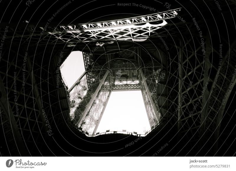 Structure from Eiffel Tower from below eiffel tower Architecture Paris Monochrome Landmark France Tourist Attraction Manmade structures Sightseeing Construction