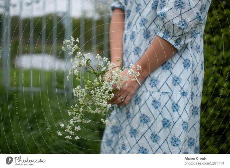 close up of woman's hands holding a bunch of cow parsley while standing outside in front of a gate wild flowers bunch of flowers woman holding flowers lady