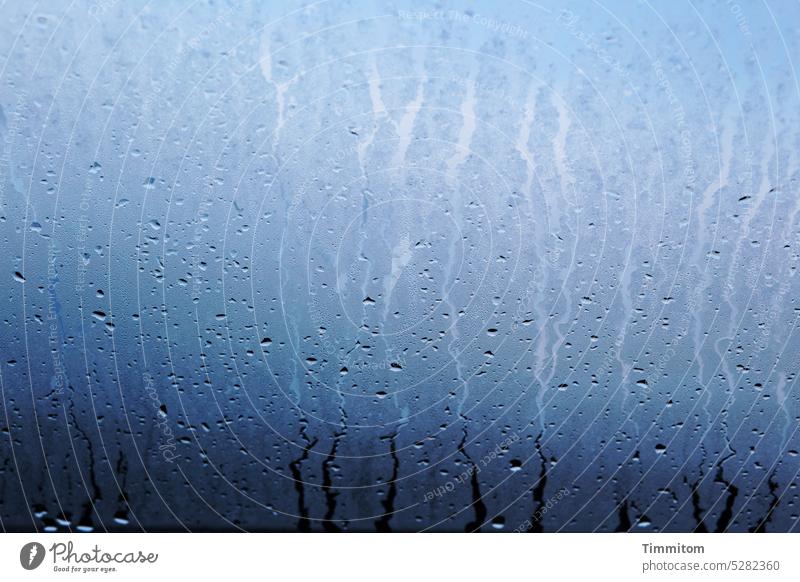 Wet blue Blue Water Drop Rain lines Tracks moisture Skylight Glass in the morning Drops of water Close-up Light