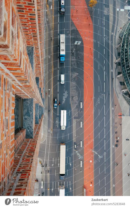 View from height on Potsdamer Strasse with "Boulevard of Stars", bus and truck, brick facade of a high-rise building aerial Aerial view Street Facade High-rise