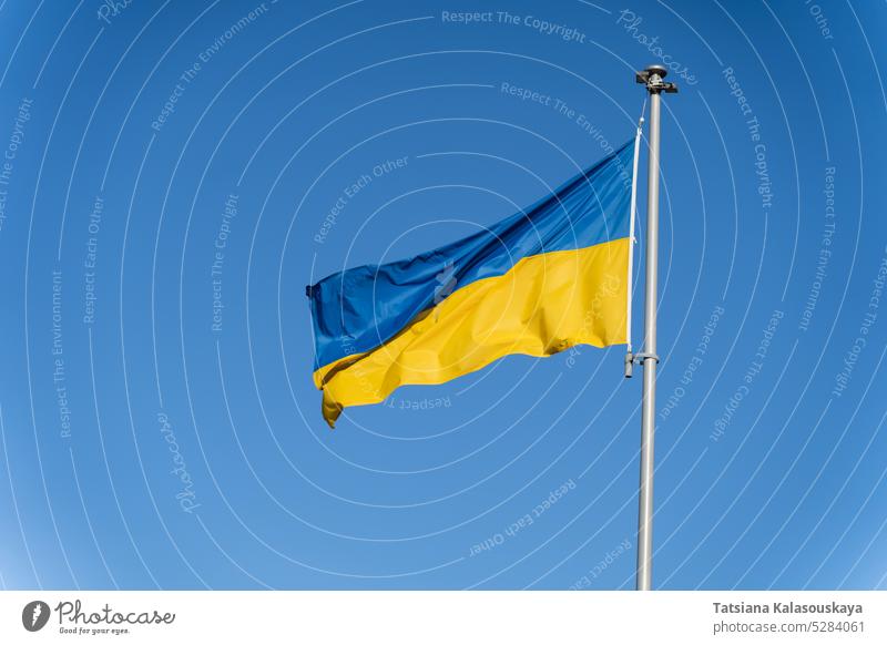 Blue-yellow Ukrainian flag flies against the background of clear blue sky ukraine ukrainian country symbol sign europe wind wave pole national european state