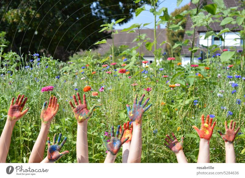 many colorful children's hands in front of a colorful flower meadow | consciousness-raising variegated Painting (action, artwork) fun Meadow flowers