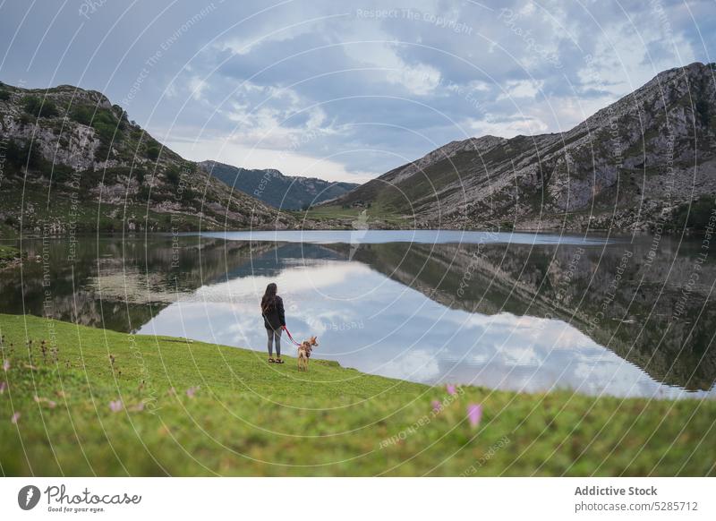 Unrecognizable woman standing near mountain lake with dog traveler tourist pet valley admire highland explore landscape asturias spain female nature wanderlust