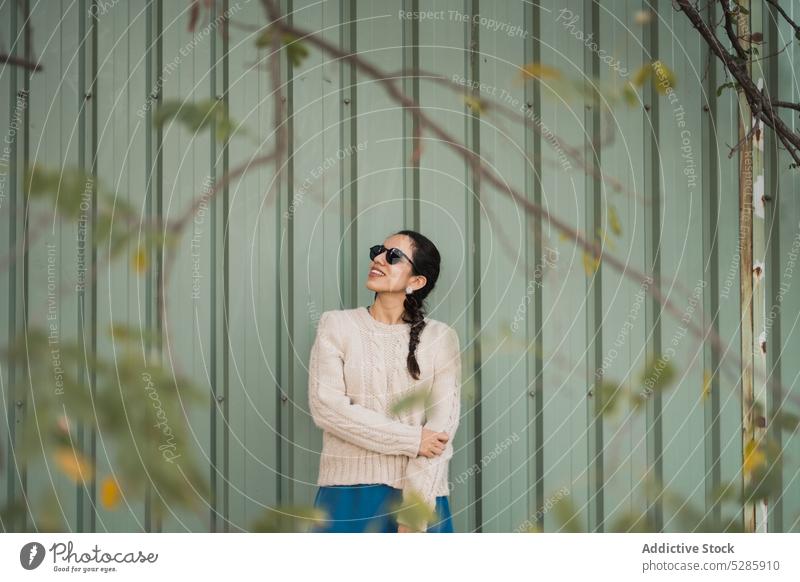 Cheerful ethnic woman in sunglasses fence smile positive countryside nature happy cheerful carefree female young metal casual joy style optimist trendy delight