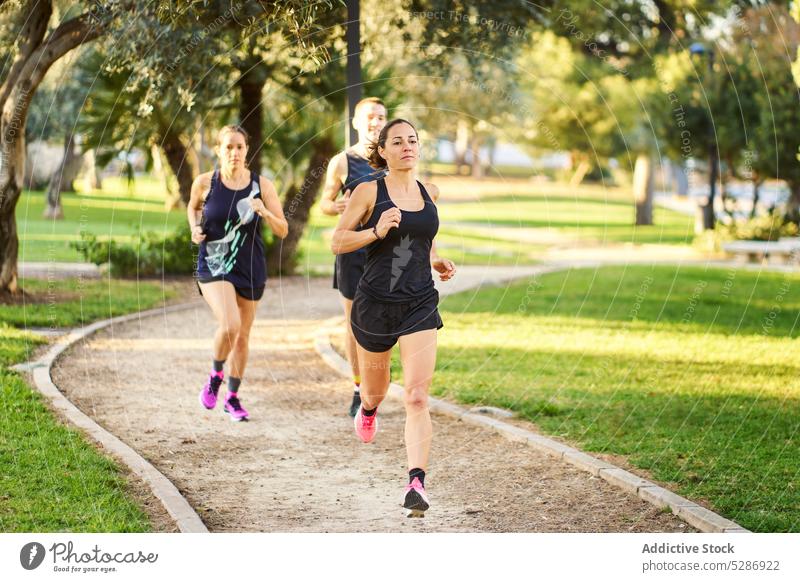 People jogging in summer park sportswoman sportsman run training cardio path group fitness energy motivation female physical activewear motion vitality