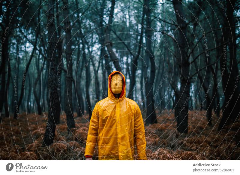 Unrecognizable person in outerwear standing in woods forest woodland jacket cover face hide autumn unknown fall season mystery weather incognito warm clothes