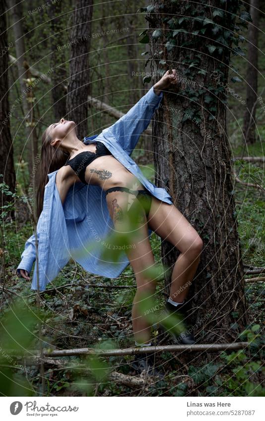 A gorgeous lingerie model in black underwear is dancing around a tree. These woods are comfortable for a pretty inked girl. The feeling of freedom and joy is in the air.